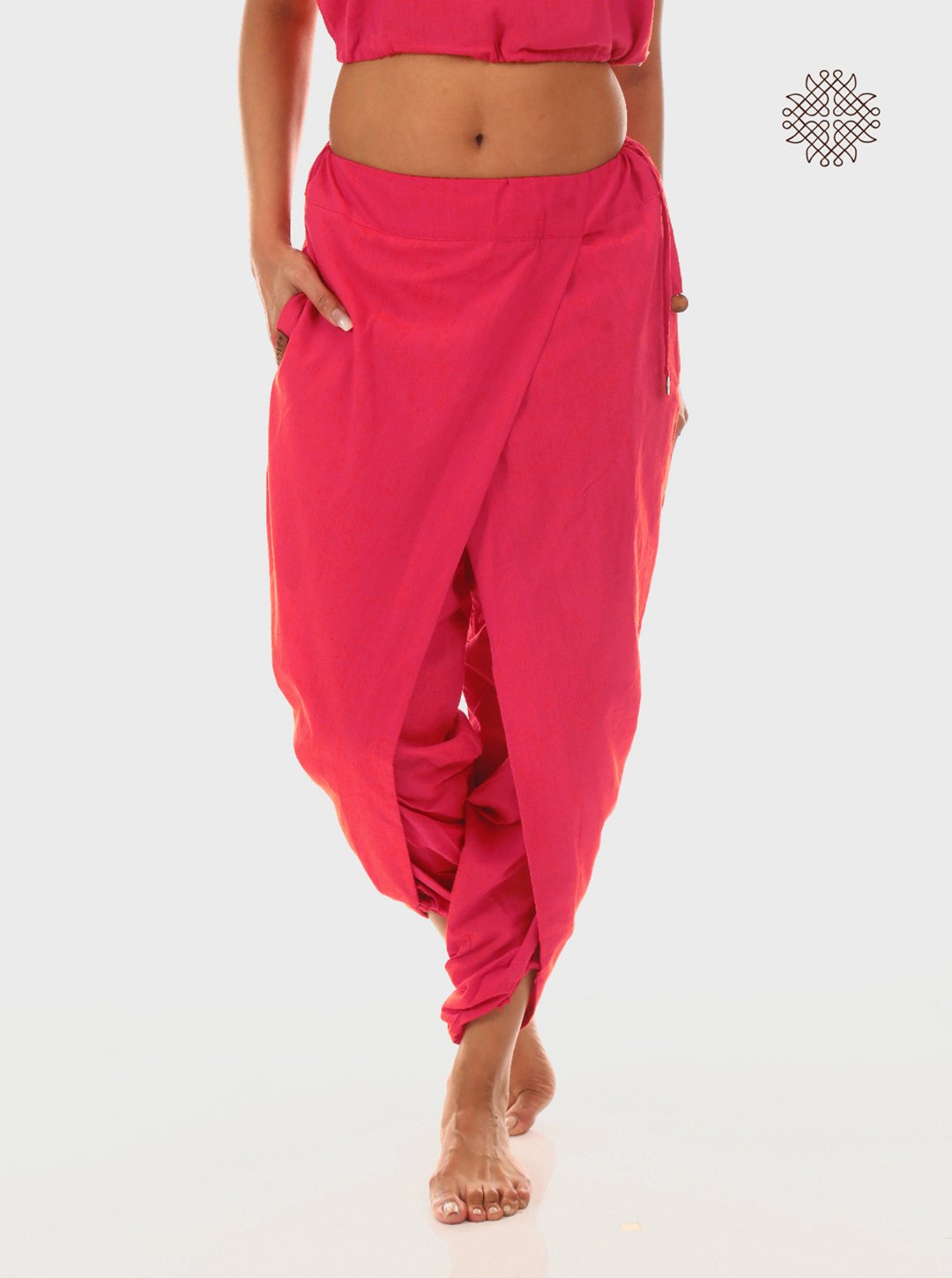 pAtala (coral pink) taruNi, cross-cut dhoti pants with pockets crafted in 100% cotton - Image 2