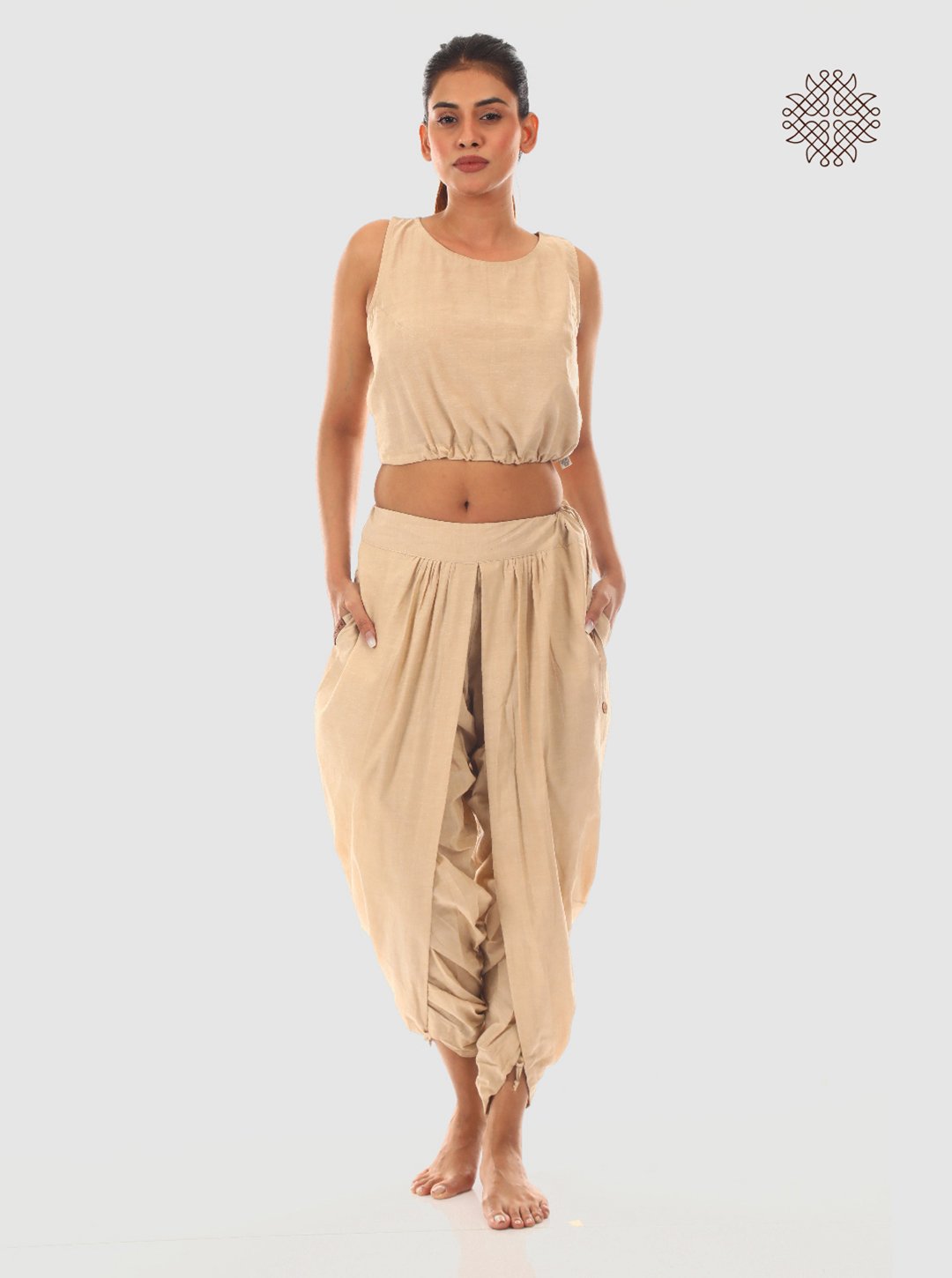 hariNa (beige) yuvaki tulip dhoti pants with pockets crafted in 100% cotton - Image 5