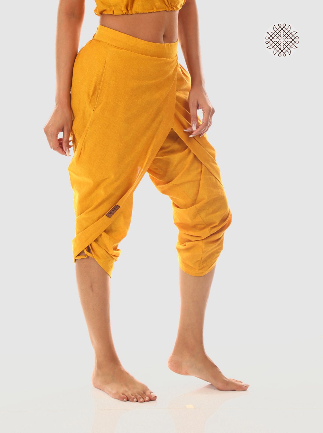 haridra (mustard yellow) taruNi, cross-cut calf length dhoti pants with pockets crafted in 100% cotton - Image 2