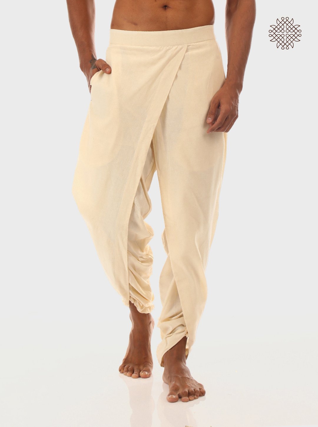 sattvika (off-white) yuvaka, cross-cut dhoti pants with pockets crafted in 100% cotton