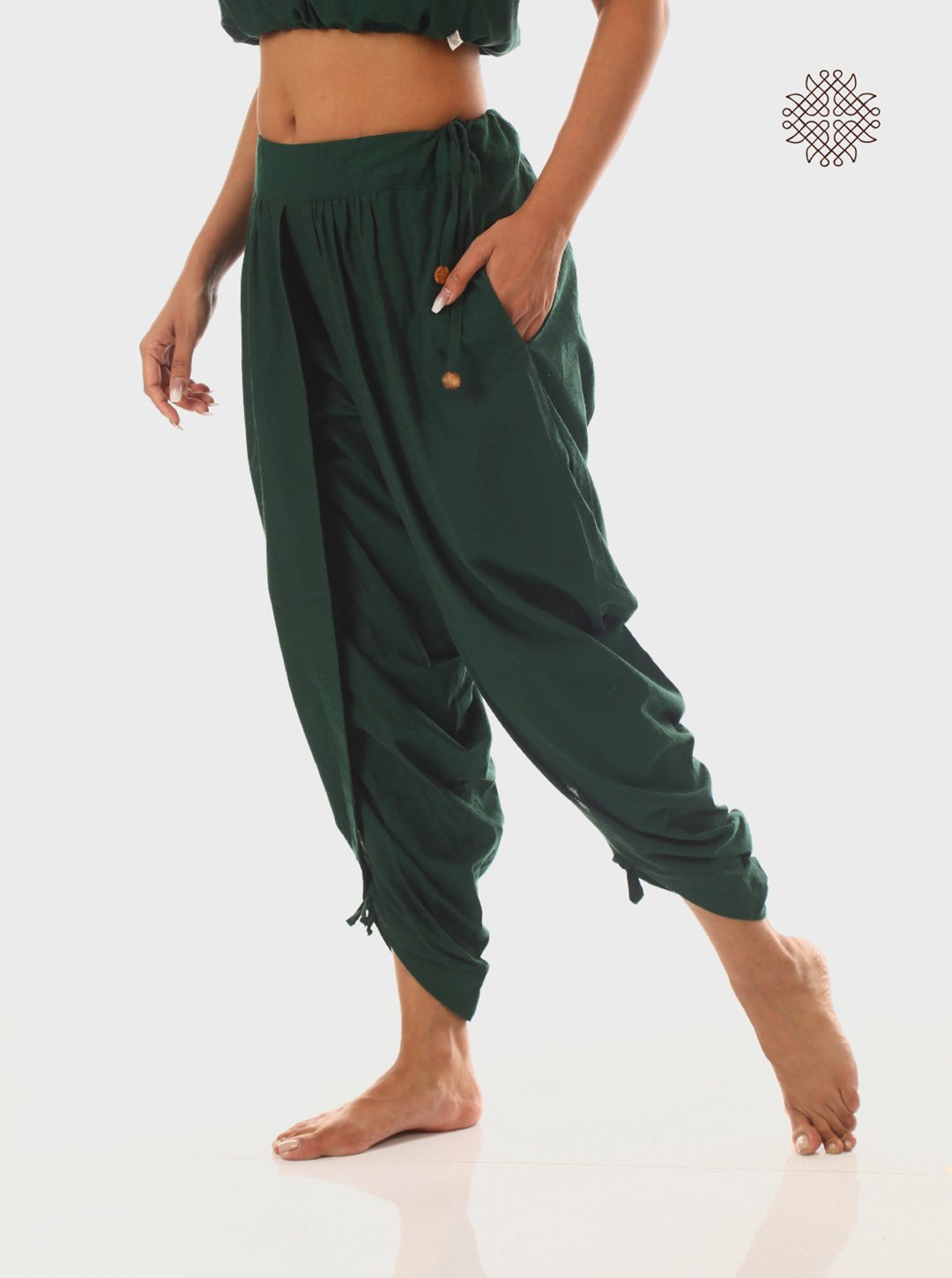 haritah (dark green) yuvaki, tulip classic dhoti pants with pockets crafted in 100% cotton - Image 3