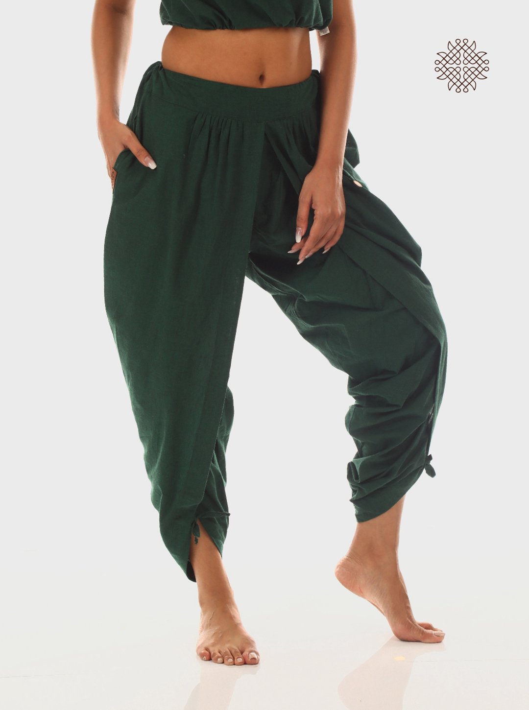 haritah (dark green) yuvaki, tulip classic dhoti pants with pockets crafted in 100% cotton - Image 2