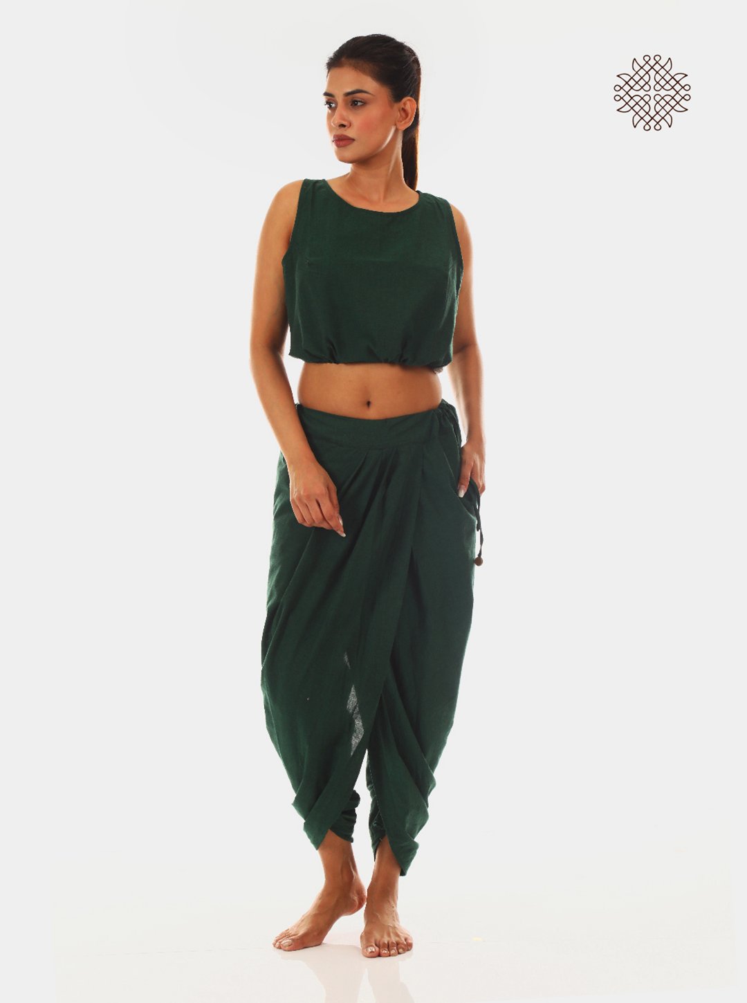 haritah (dark green) yuvaki, pleated dhoti pants with pockets crafted in 100% cotton - Image 5