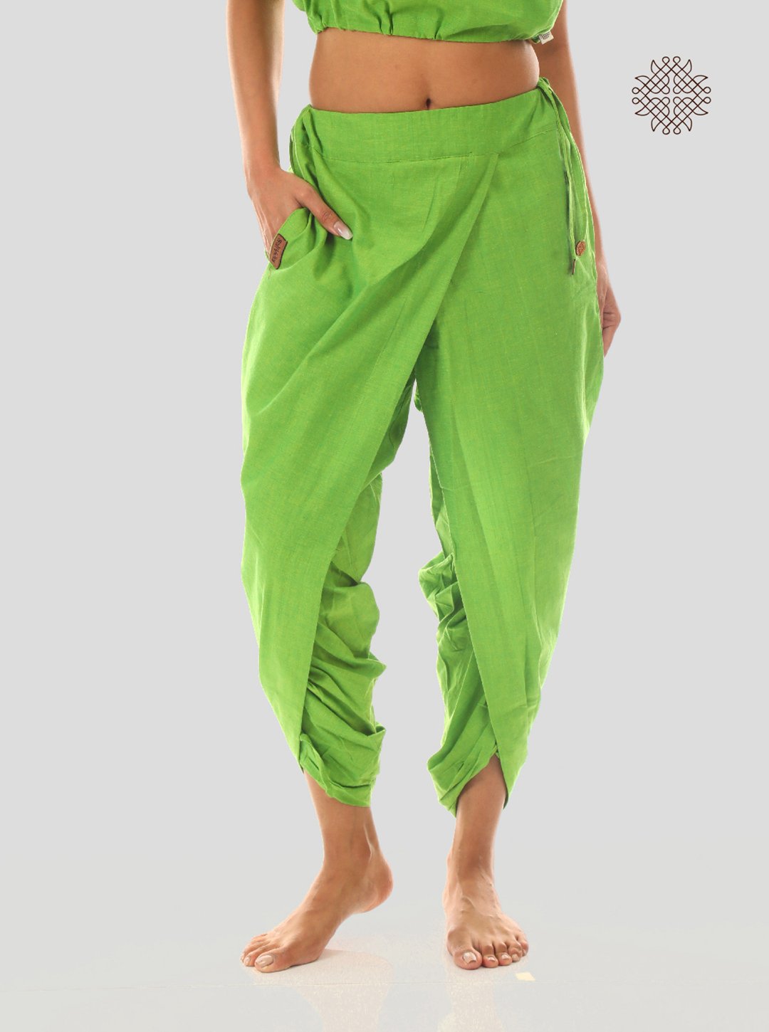 pitaharita/Lemon Green yuvaki, cross-cut dhoti pants with pockets crafted in 100% cotton
