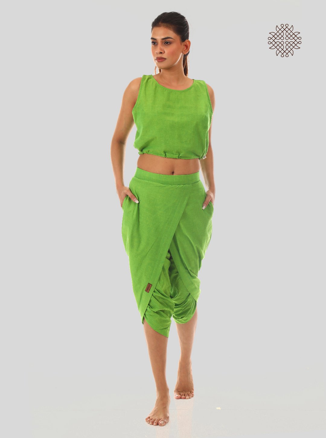 pitaharita/Lemon Green taruNi, cross-cut calf length dhoti pants with pockets crafted in 100% cotton - Image 5