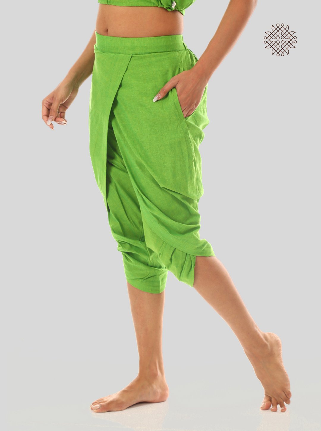 pitaharita/Lemon Green taruNi, cross-cut calf length dhoti pants with pockets crafted in 100% cotton - Image 3