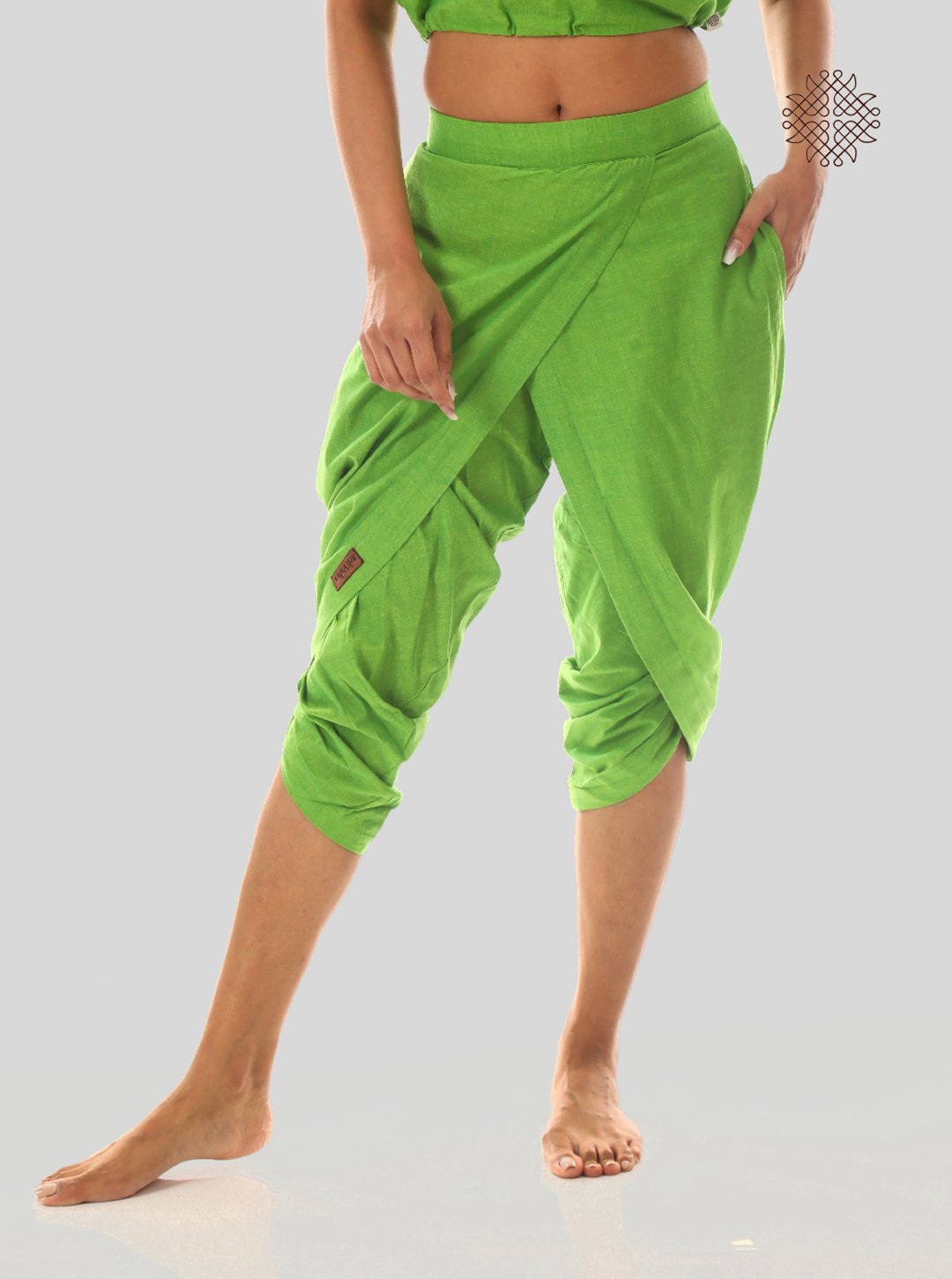 pitaharita/Lemon Green taruNi, cross-cut calf length dhoti pants with pockets crafted in 100% cotton