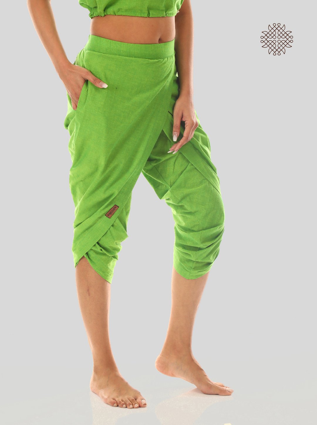 pitaharita/Lemon Green taruNi, cross-cut calf length dhoti pants with pockets crafted in 100% cotton - Image 2
