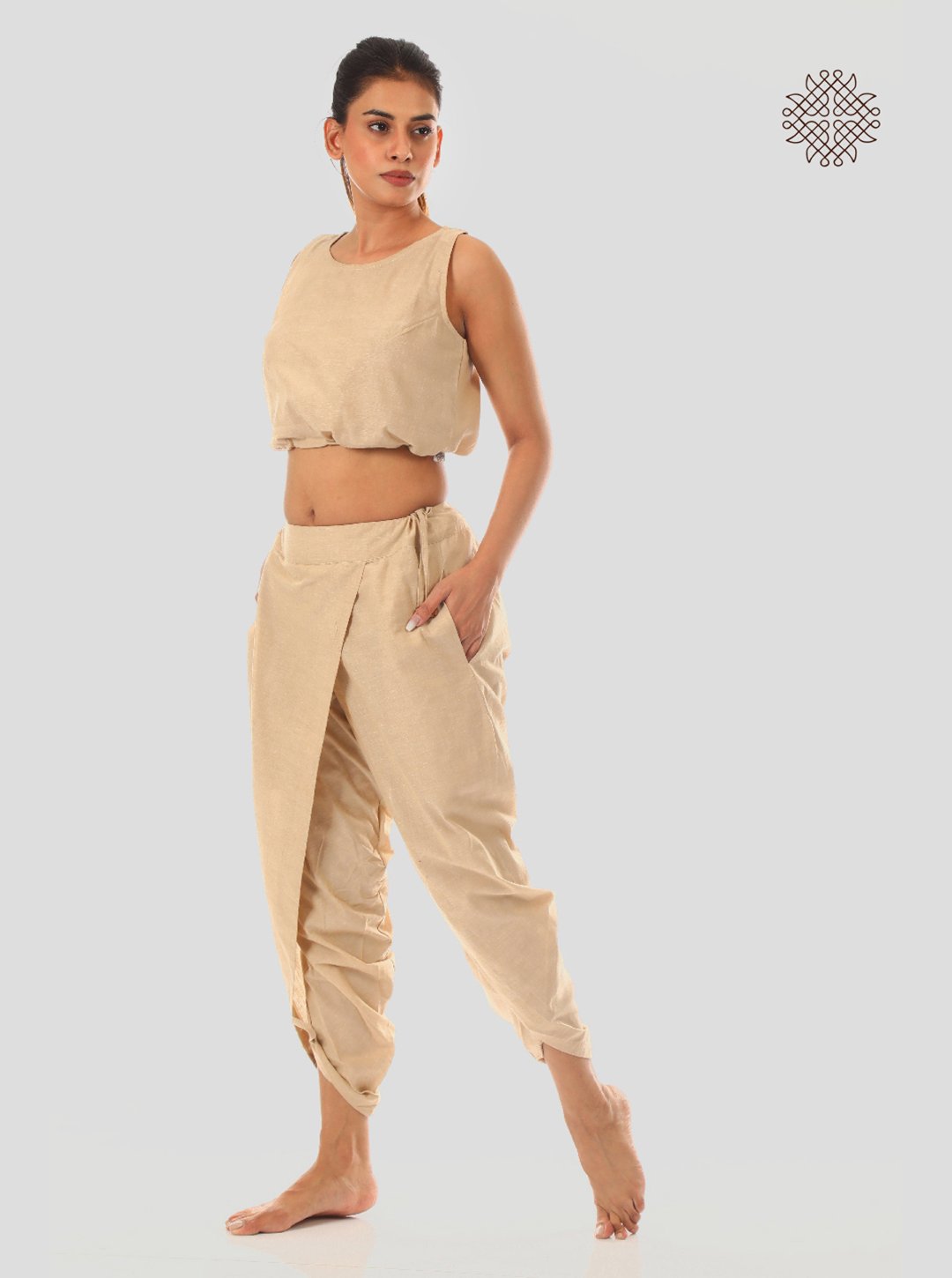 hariNa (beige) yuvaki, cross-cut dhoti pants with pockets crafted in 100% cotton - Image 5