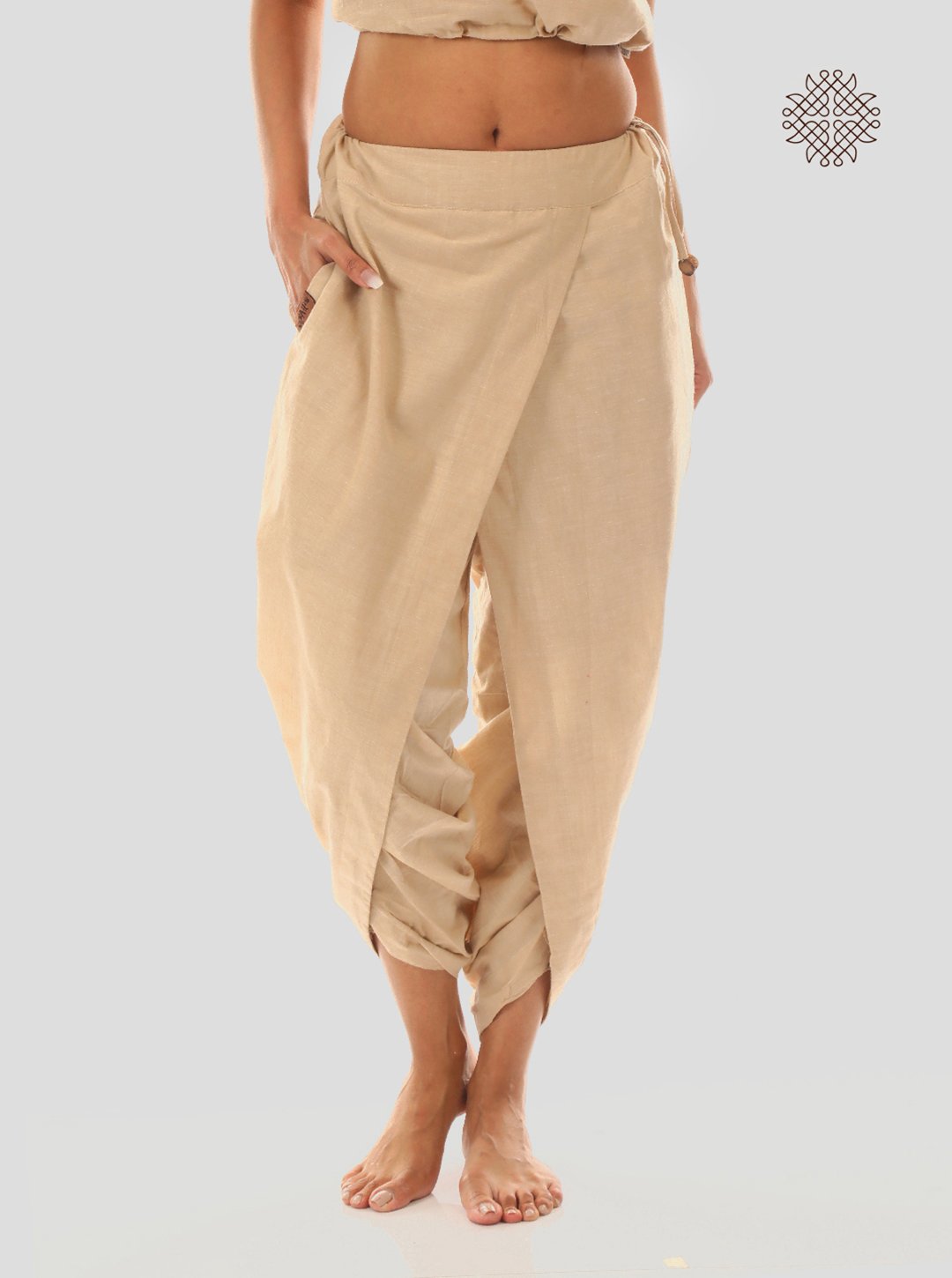hariNa (beige) yuvaki, cross-cut dhoti pants with pockets crafted in 100% cotton