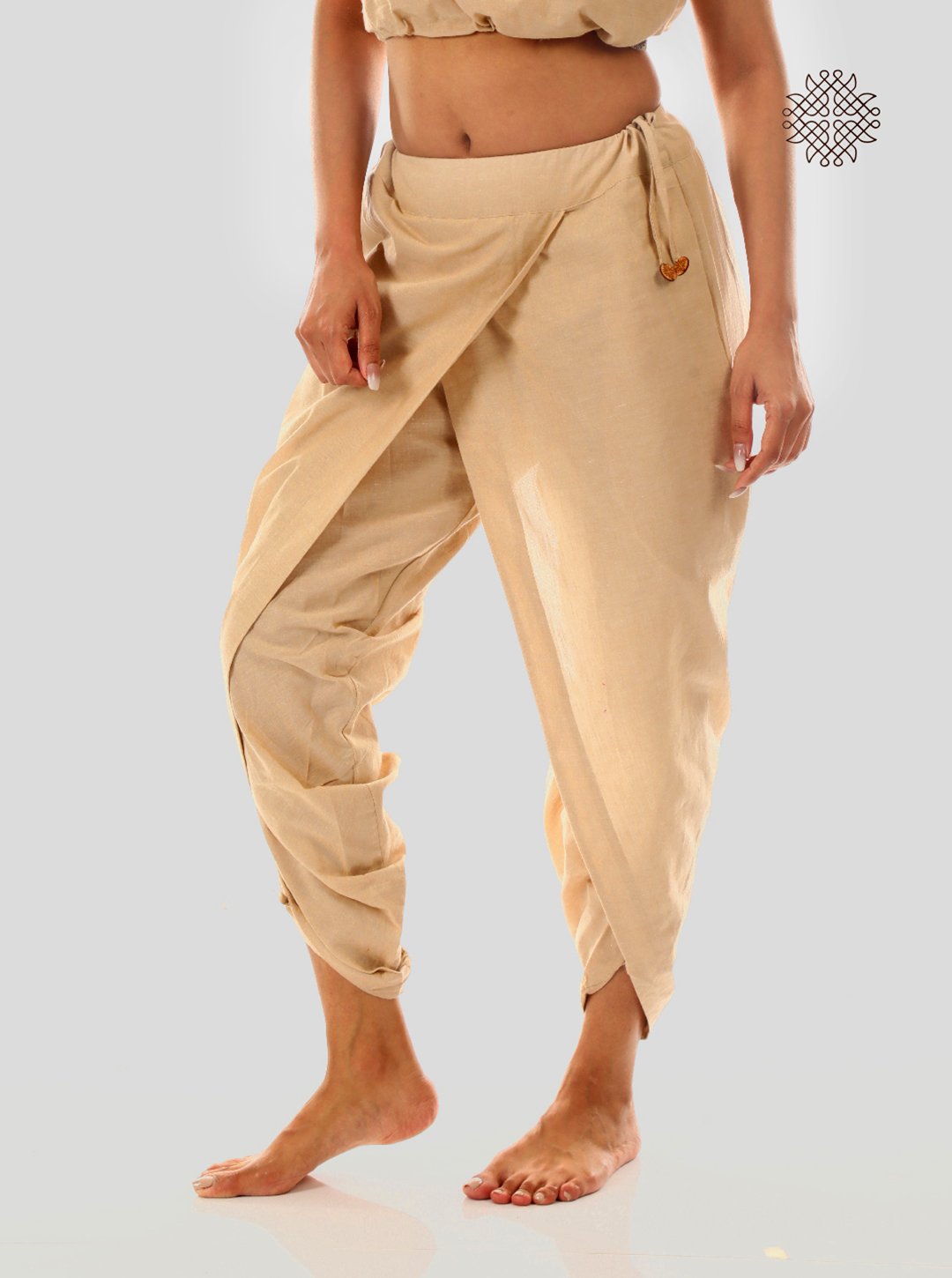 hariNa (beige) yuvaki, cross-cut dhoti pants with pockets crafted in 100% cotton - Image 3