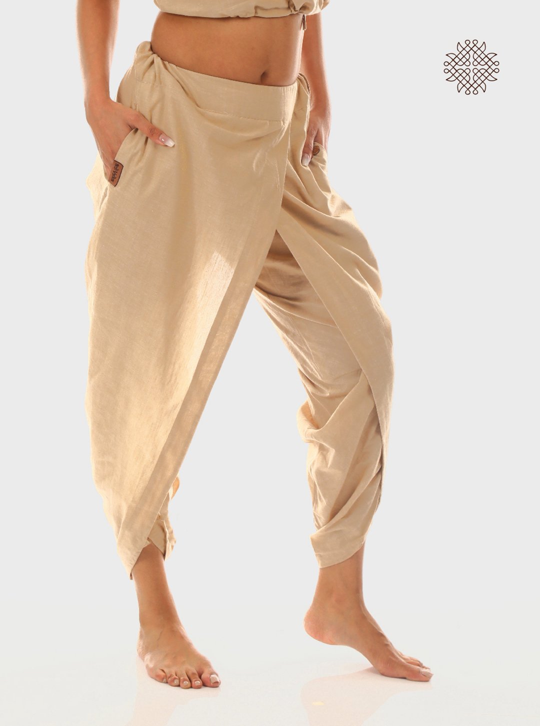 hariNa (beige) yuvaki, cross-cut dhoti pants with pockets crafted in 100% cotton - Image 2