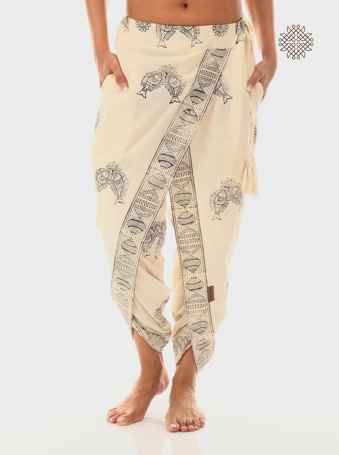 Meena Dhoti Pants - Hand Block Printed Off-White Cross Cut Dhoti Pants made in 100% cotton