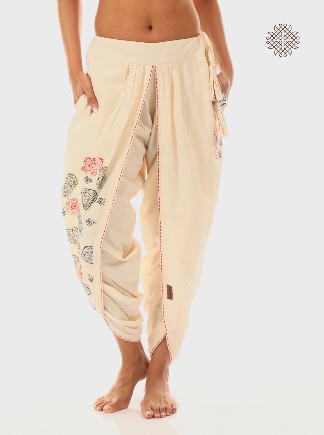 Sattvika Dhoti Pants - Hand Block Printed Off-White Tulip Dhoti made in 100% cotton