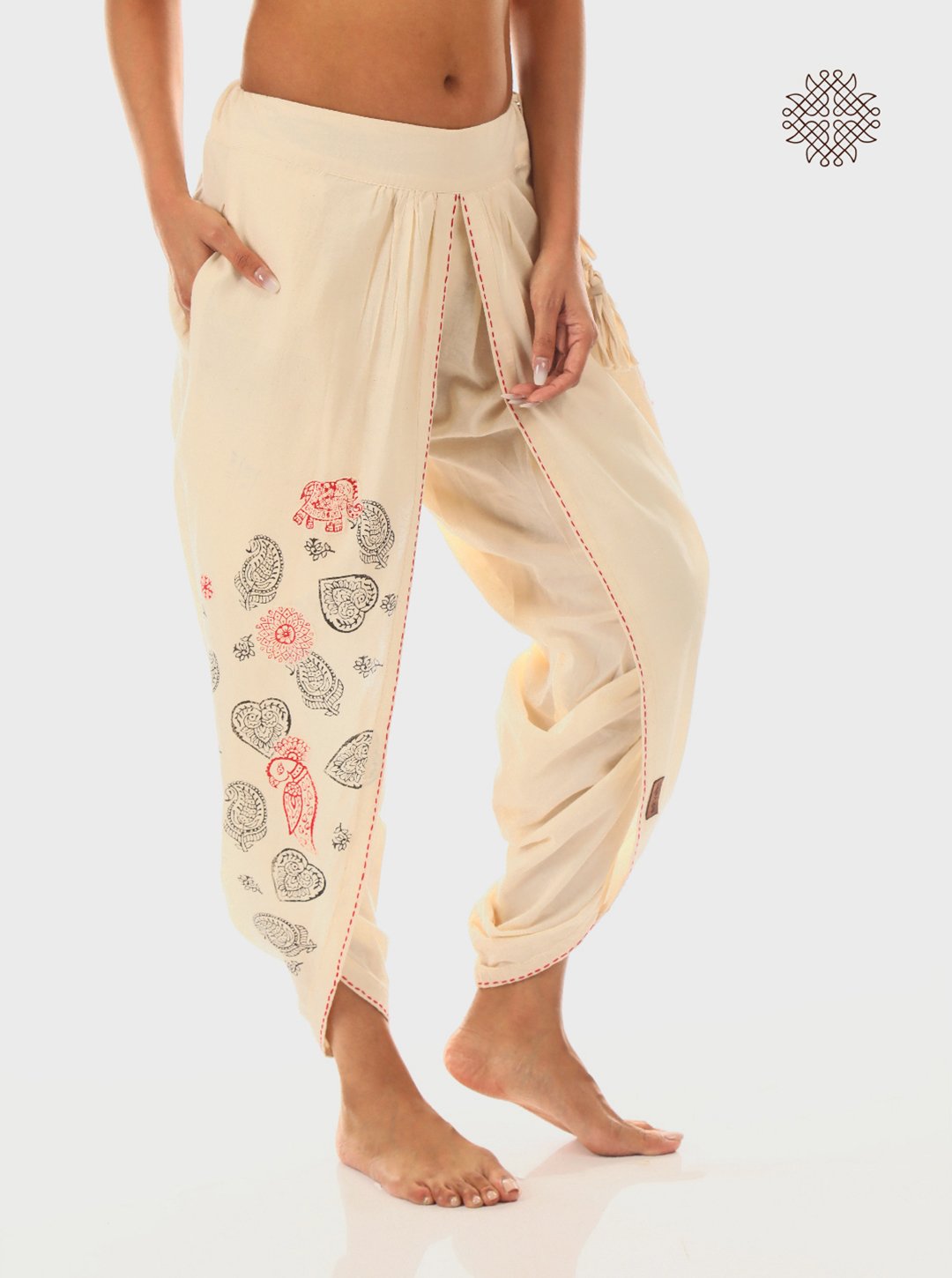 Sattvika Dhoti Pants - Hand Block Printed Off-White Tulip Dhoti made in 100% cotton - Image 2